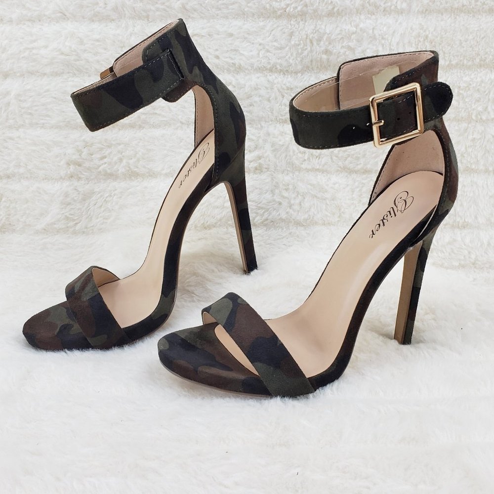 Camo Print Single Ankle & Toe Strap 4.5" High Heel Stiletto Shoes